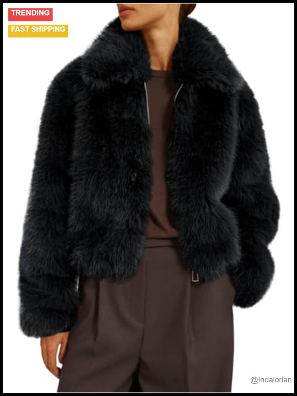 Womens Cropped Faux Fur Zip Up Lapel Winter Jacket